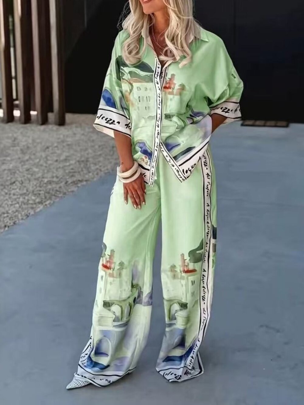Zimmermann Light Green Printed Wide-Leg Pants & Shirt Set